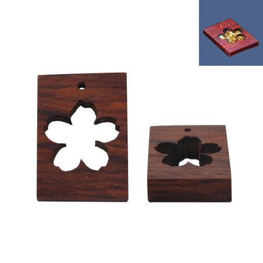 Open Back Sandalwood Pendant, Rectangle Flower Design, 34x24mm, 1pc - for UV Resin