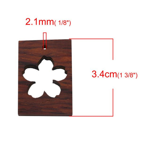 Open Back Sandalwood Pendant, Rectangle Flower Design, 34x24mm, 1pc - for UV Resin