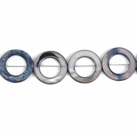 Shell Beads Dark Gray Circle Ring 25mm, 40cm strand