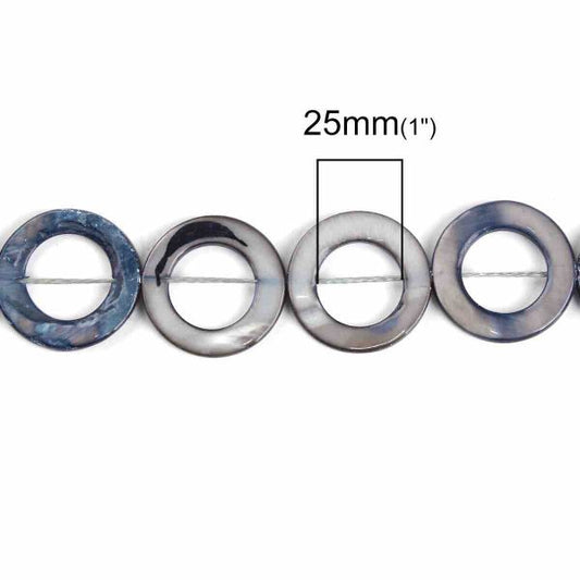Shell Beads Dark Gray Circle Ring 25mm, 40cm strand