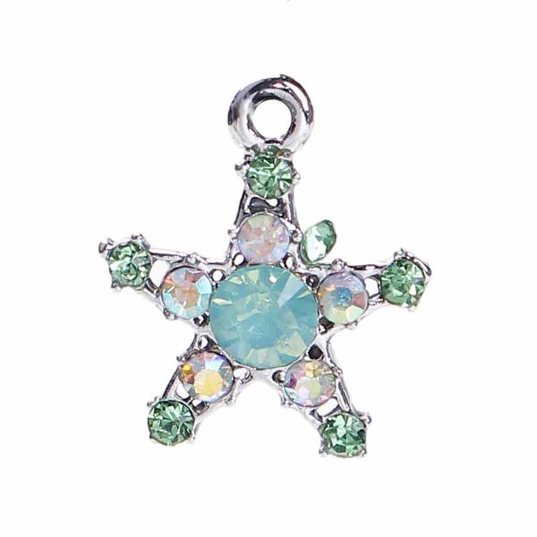 Antique Silver Star Charm, Green AB Rhinestone 19mm x 16mm, 10 PCs