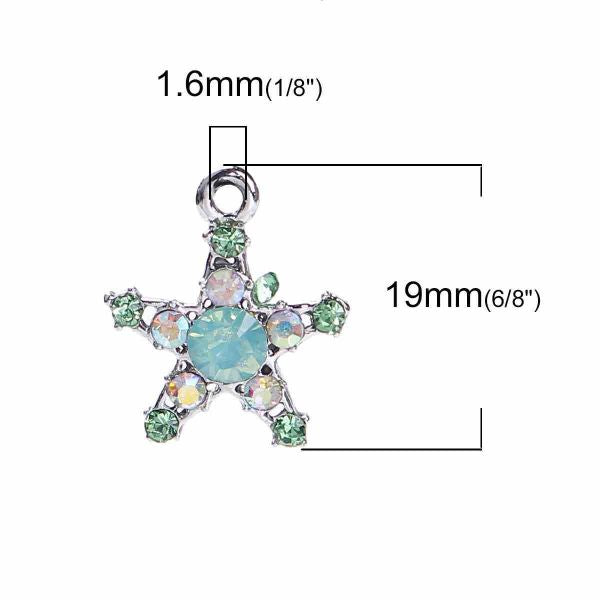 Antique Silver Star Charm, Green AB Rhinestone 19mm x 16mm, 10 PCs