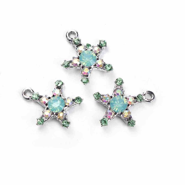 Antique Silver Star Charm, Green AB Rhinestone 19mm x 16mm, 10 PCs