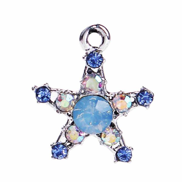 Antique Silver Star Charm, Blue AB Rhinestone 19mm x 16mm, 10 PCs