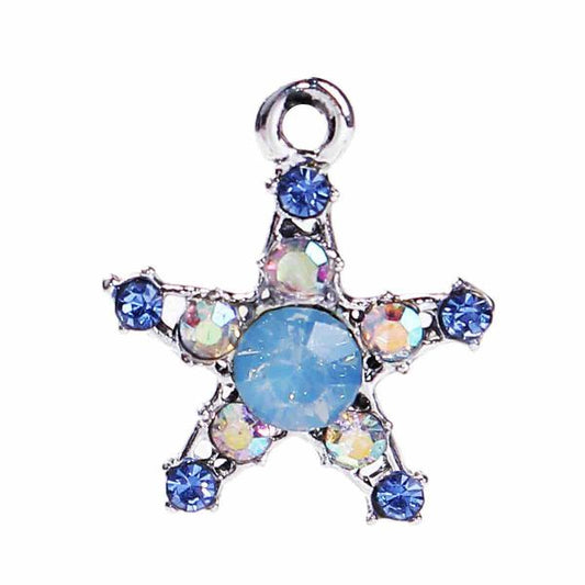 Antique Silver Star Charm, Blue AB Rhinestone 19mm x 16mm, 10 PCs