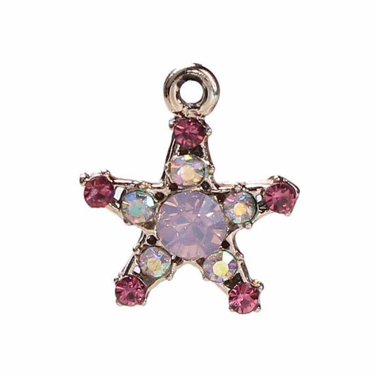 Antique Gold Star Charm, Pink AB Rhinestone 19mm x 16mm, 10 PCs