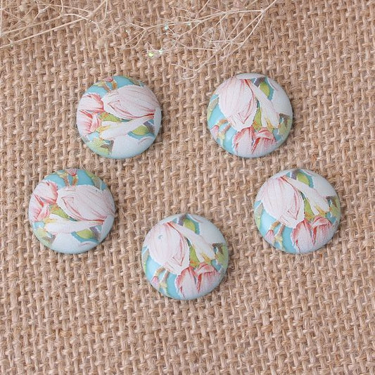 Resin Cabochon 25mm, round,  Japanese Tensha Painted, Blue, Green Flower, 10pcs
