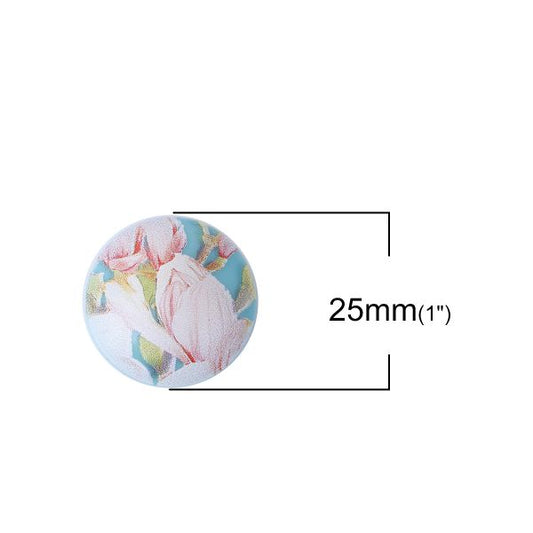Resin Cabochon 25mm, round,  Japanese Tensha Painted, Blue, Green Flower, 10pcs