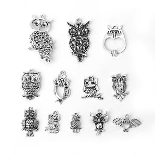 Antique Silver, Metal Owl Charms, Mixed, 12pcs