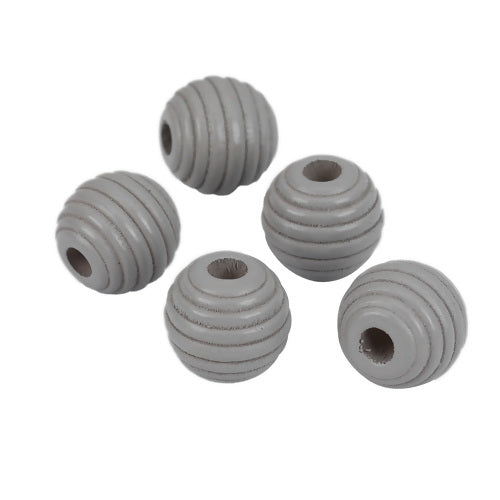 Wooden Beads Round Striped, 12mm, Grey 50pcs
