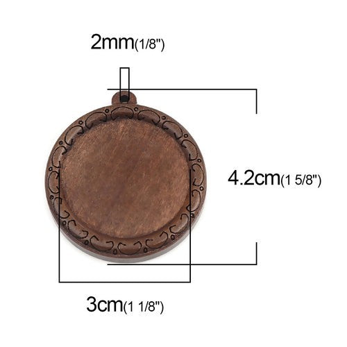 Wooden Cabochon Pendant Round, Dark Coffee, fits 30mm, 42mm x 39mm, 5pcs