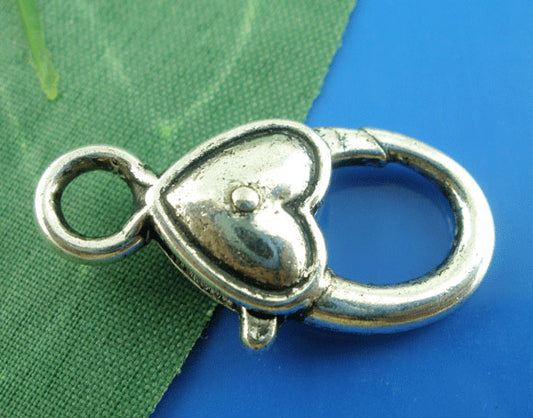 Antique Silver Heart and Love Lobster Clasps 27x13mm, 20pcs