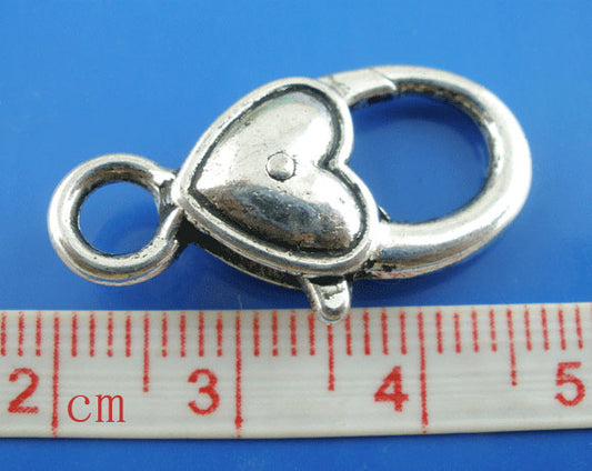 Antique Silver Heart and Love Lobster Clasps 27x13mm, 20pcs