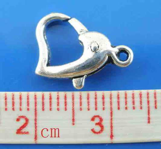 Antique Silver Plated Lobster Clasps, Heart Design, 14x9mm, 20 pcs