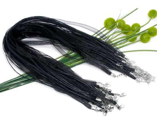 Ribbon and Cord Necklace, Black, 20pcs