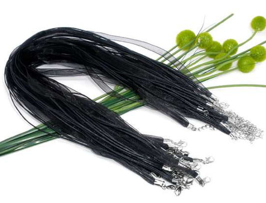 Ribbon and Cord Necklace, Black, 20pcs