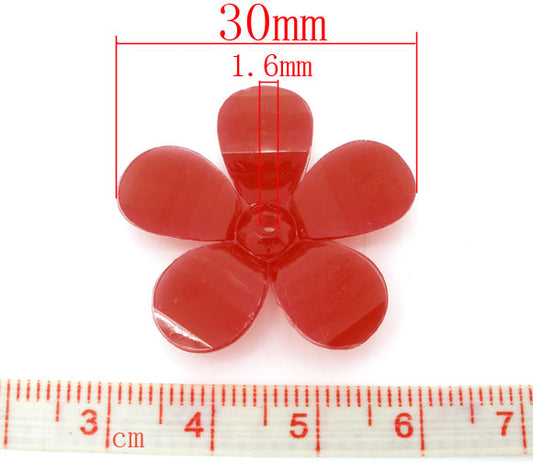 Acrylic Flower 5 Petals RED, 30mm, 50pcs