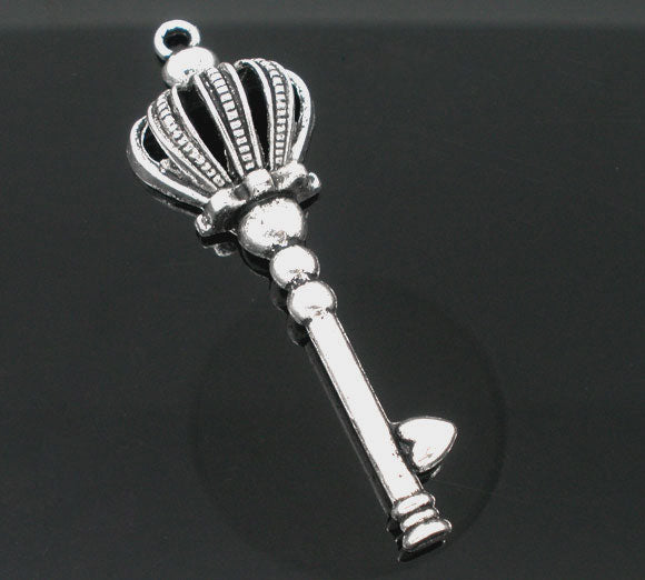 Antique Silver Key Pendants, Crown Heart Design, 57x19mm, 10pcs