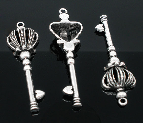 Antique Silver Key Pendants, Crown Heart Design, 57x19mm, 10pcs