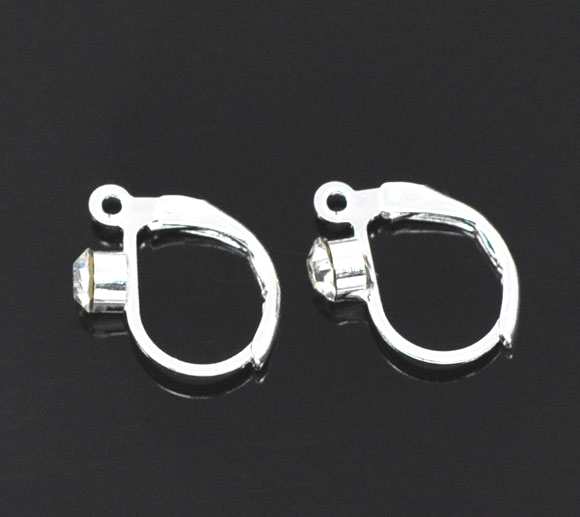 Silver Plate Earwire - Lever Back with Clear Rhinestone, 15 pairs (30pcs)