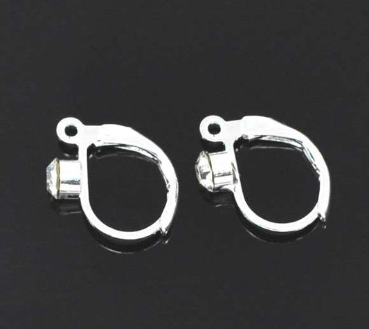 Silver Plate Earwire - Lever Back with Clear Rhinestone, 15 pairs (30pcs)