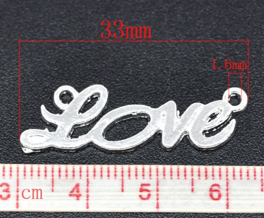 Silver Plated "Love" Charms Pendants 33x10mm, sold per packet of 5