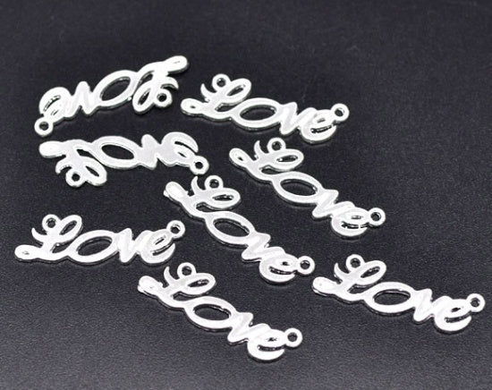 Silver Plated "Love" Charms Pendants 33x10mm, sold per packet of 5