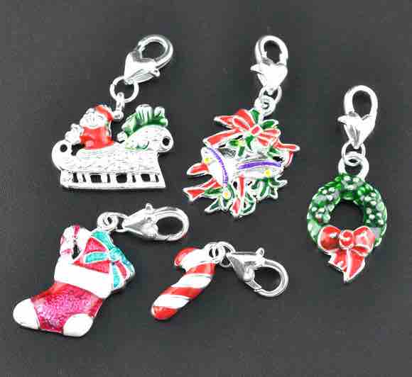 Silver Plated Enamel Christmas Clip On Charms 32x8mm-33x19mm, 10pcs