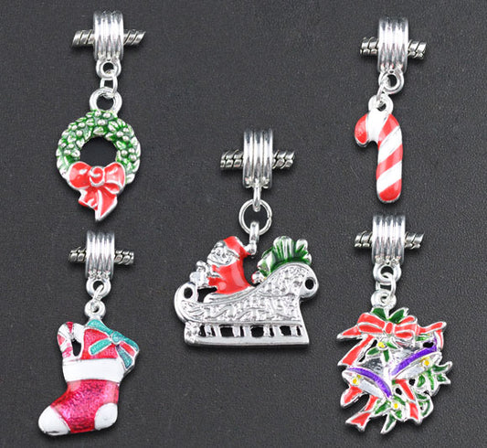Silver Plated Enamel Christmas Mixed Charms, with Bails, 10pcs