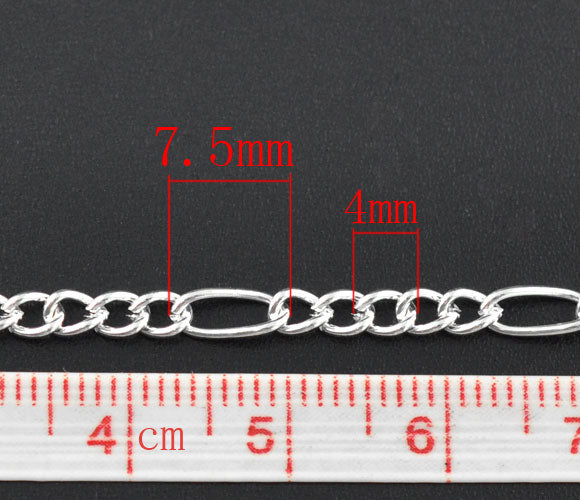 Silver Plated Open Links Chain, 7.5x3.5mm, 4x3.2mm, 10 metres
