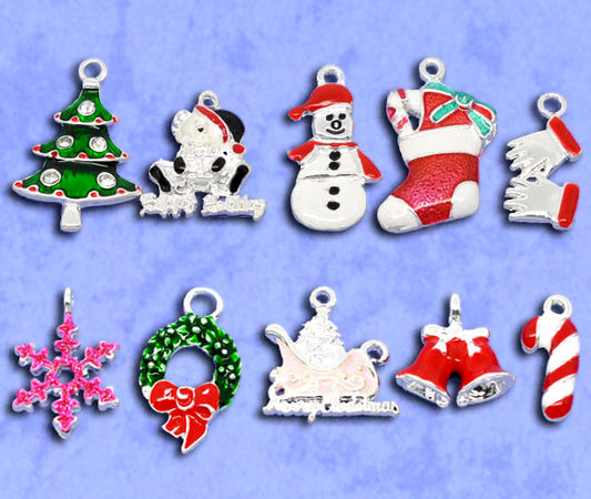 Silver Plate Enamel Christmas Charms, Mixed Designs, 20pcs