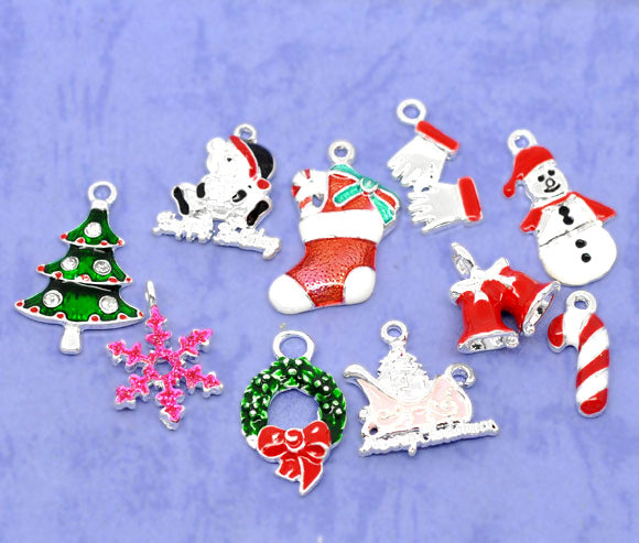 Silver Plate Enamel Christmas Charms, Mixed Designs, 20pcs