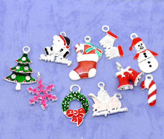 Silver Plate Enamel Christmas Charms, Mixed Designs, 20pcs