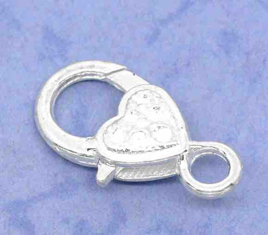Silver Plate Lobster Clasp, 26 x 13mm, Heart Design, 20 pcs