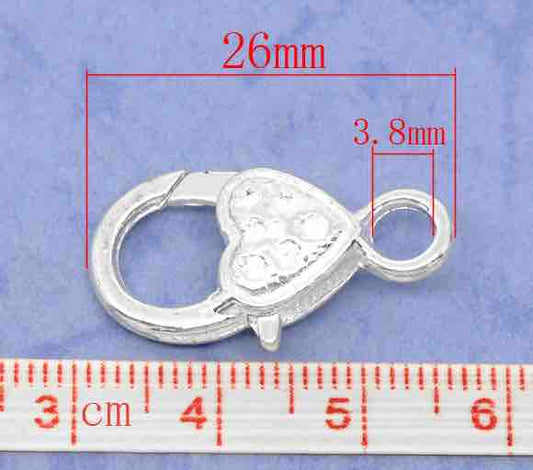 Silver Plate Lobster Clasp, 26 x 13mm, Heart Design, 20 pcs