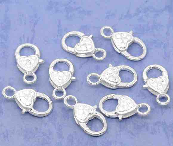 Silver Plate Lobster Clasp, 26 x 13mm, Heart Design, 20 pcs