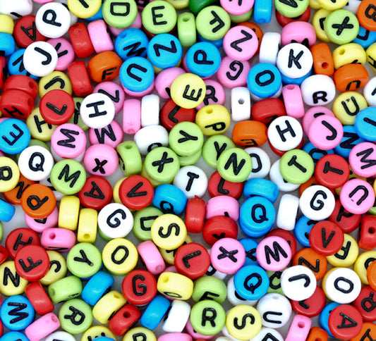Acrylic Mixed Colour Alphabet/Letter "A-Z" flat round Beads, 7 x 3.5mm, 2000 pcs