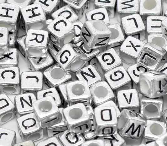 Acrylic Silver Alphabet/Letter "A-Z" Cube Beads, 6 x 6mm, 500 pcs