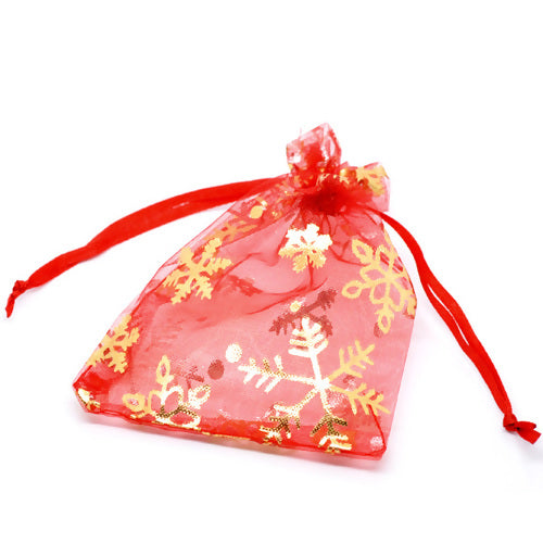 Organza Drawstring Bags  Red Christmas Snowflake Design, 9x12cm, 10pcs