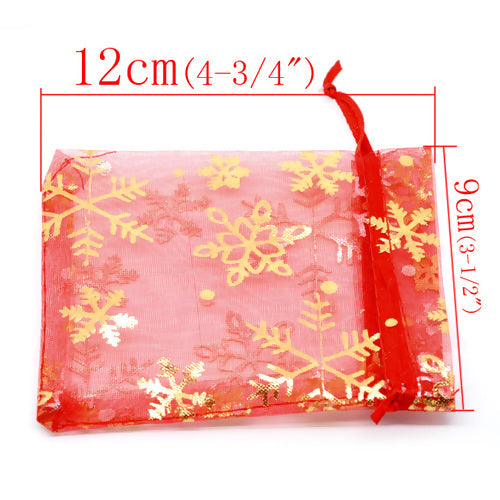 Organza Drawstring Bags  Red Christmas Snowflake Design, 9x12cm, 10pcs