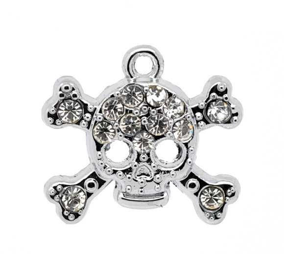 Antique Silver Skull Charm with Rhinestones, 20x18mm, 10 pcs  - Steampunk