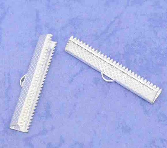 Ribbon Crimp Ends, silver plated textured end caps 35x7mm, 50pcs