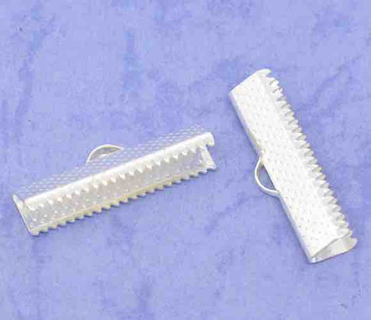 Ribbon Crimp Ends, silver plated textured end caps 25x7mm, 100pcs