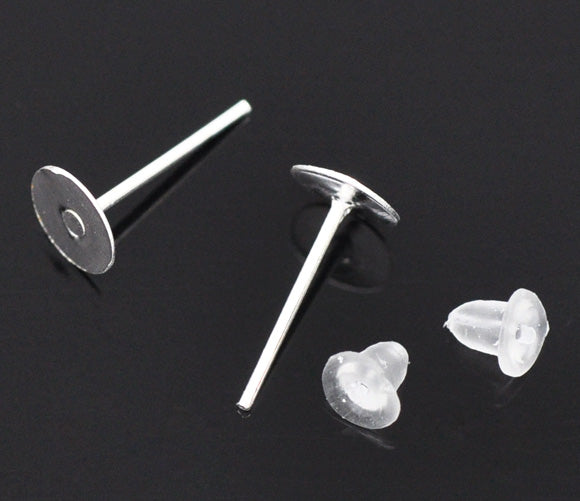 Ear Stud, Silver Plated Post With Stoppers 12x6mm Pad, 400 pairs