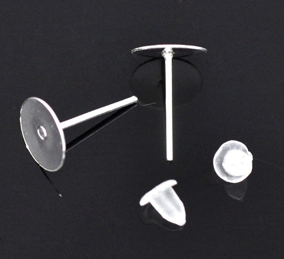 Ear Stud Silver Plated Post With Stoppers 12x8mm Pad, 250 pairs
