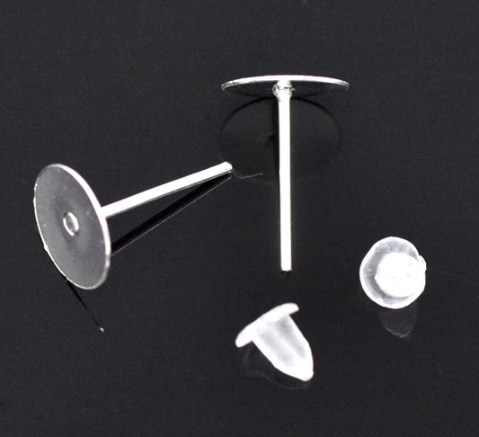 Ear Stud Silver Plated Post With Stoppers 12x8mm Pad, 250 pairs