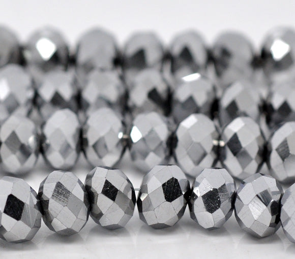 Crystal Glass Faceted Rondelle, 8x6mm, Silver tone, 40cm strand
