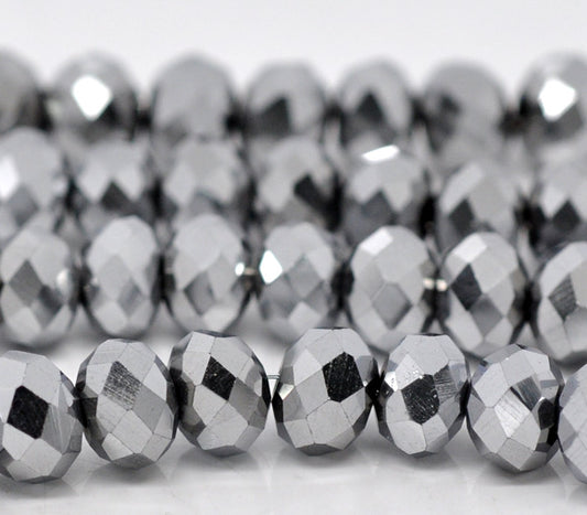 Crystal Glass Faceted Rondelle, 8x6mm, Silver tone, 40cm strand