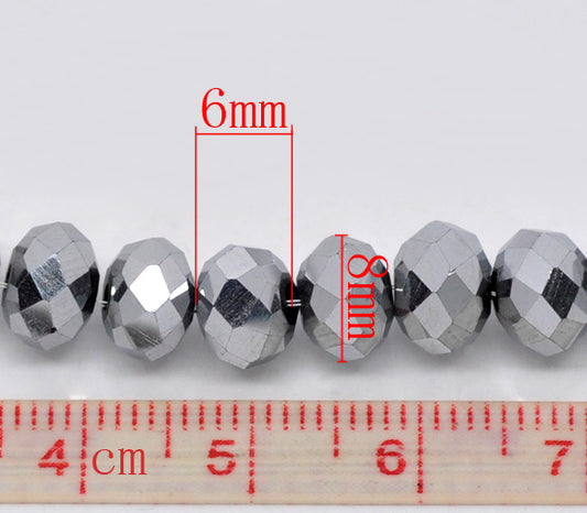 Crystal Glass Faceted Rondelle, 8x6mm, Silver tone, 40cm strand