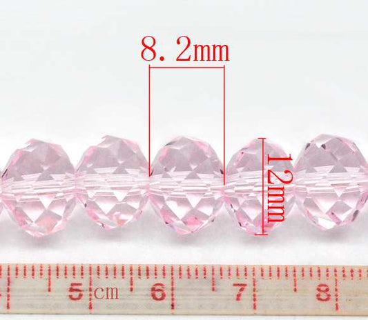 Glass Crystal Beads, Faceted Rondelle, 12 x 8mm, Pink, 1 strand, 61 cms